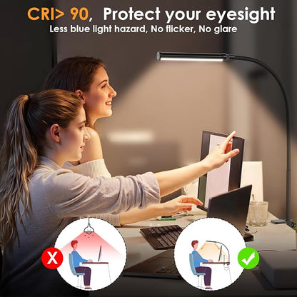 ShineTech LED Desk Lamp with Clamp, Clip On Desk Lamp for Home Office, 3000K Warm White & 11 Brightness Level, Flexible Gooseneck Architect Desk Light, Eye Caring Reading Lamp with USB Adapter