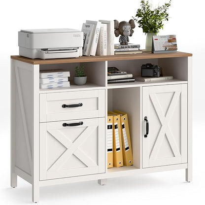 Vabches Lateral File Cabinet, Farmhouse 2 Drawer File Cabinet with Open Storage Shelf for Letter/Legal/A4 Size Hanging Files, Large Wood Storage Cabinets Printer Stand for Home Office, White