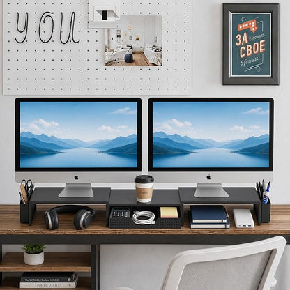 LEKETREE Dual Monitor Stand Riser with Drawer, Desk Organizer and Accessories, Monitor Stand for Desk, Desktop Stand for Computer, Laptop, TV and More (Black)