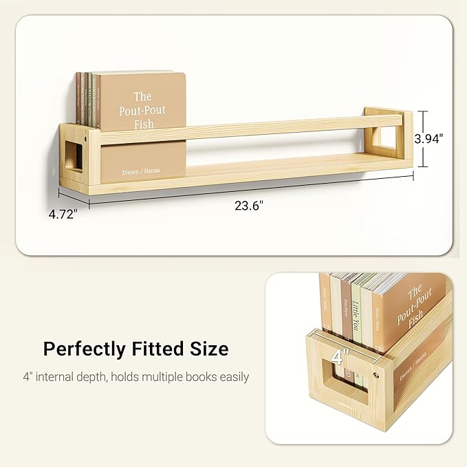Upgraded Thick Floating Shelves, 24 Inch Solid Wood Bookshelf for Wall, Floating Book Shelves Use as Wall Shelves for Bedroom, Living Room, Kitchen, Books, Spice Rack & Decor - Natural Wood