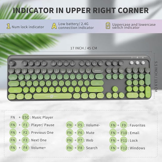 Wireless Keyboard and Mouse Combo - Cute Colorful Keyboard and Mouse, Retro Typewriter Keyboard with 2.4GHz Plug & Play, for Windows 11/10/7, Laptop, PC (Green)