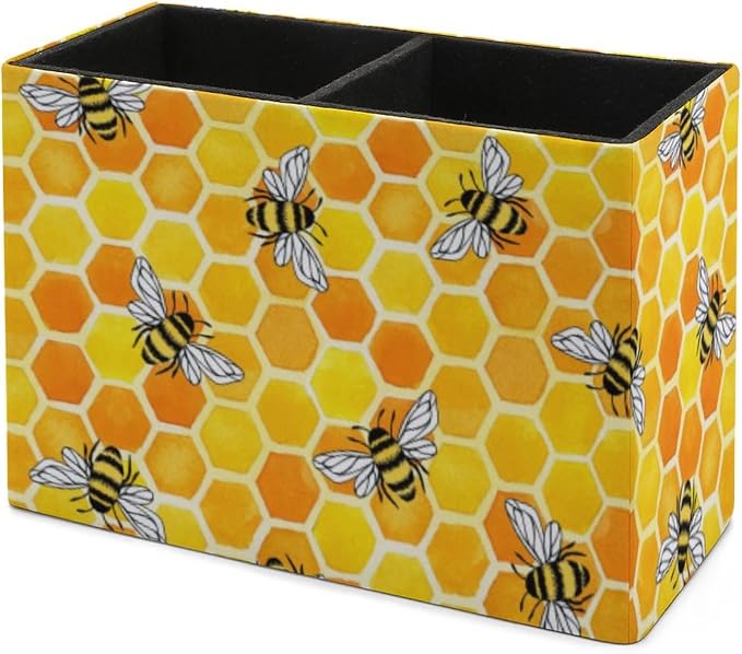 Niapessel Pencil Holder for Desk, Yellow Honeycomb And Bees Pen Holder Storage Desktop Pen Organizer Desk Pencil Organizer Makeup Brush Holder for Office School College Leather