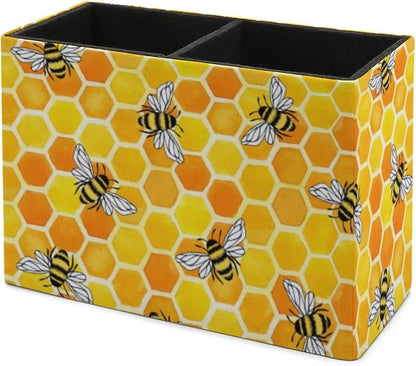Niapessel Pencil Holder for Desk, Yellow Honeycomb And Bees Pen Holder Storage Desktop Pen Organizer Desk Pencil Organizer Makeup Brush Holder for Office School College Leather