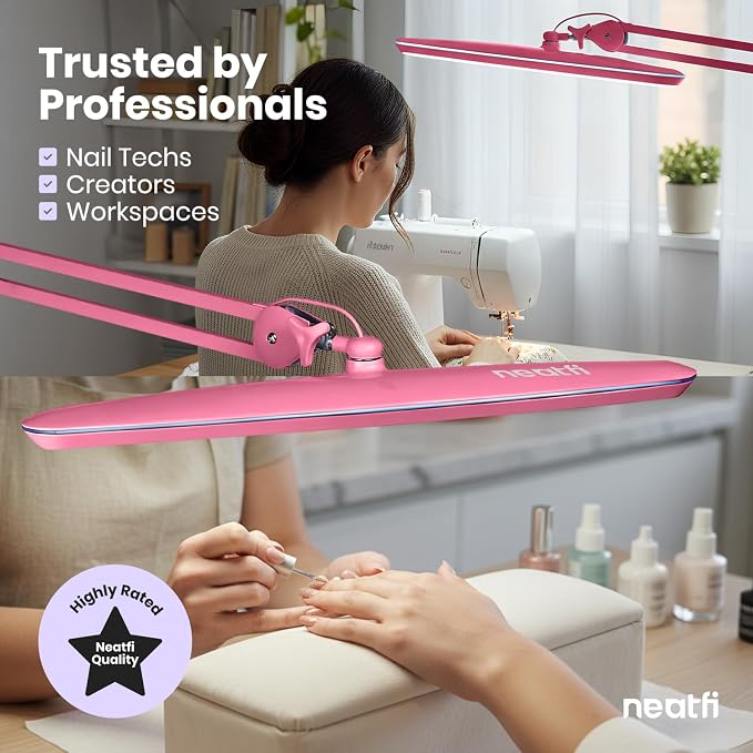 Neatfi XL 2,200 Lumens 24W LED Desk Lamp – 23” Wide Shade | Dimmable Eye-Caring Task Light | Adjustable Arm | Home Office, Study, Crafts & Nail Tech (Pink, Non-CCT with Clamp)