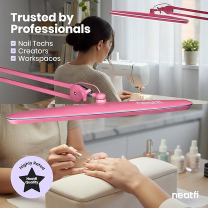 Neatfi XL 2,200 Lumens 24W LED Desk Lamp – 23” Wide Shade | Dimmable Eye-Caring Task Light | Adjustable Arm | Home Office, Study, Crafts & Nail Tech (Pink, Non-CCT with Clamp)