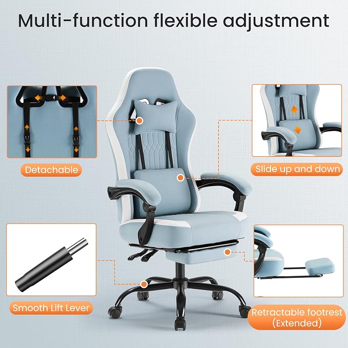 NEWBULIG Gaming Desk Chair - High Back Computer Office Chair with Footrest and Headrest, Comfy Ergonomic Lumbar Support with Linkage Armrests, Height Adjustable and 360° Swivel Wheels, Blue