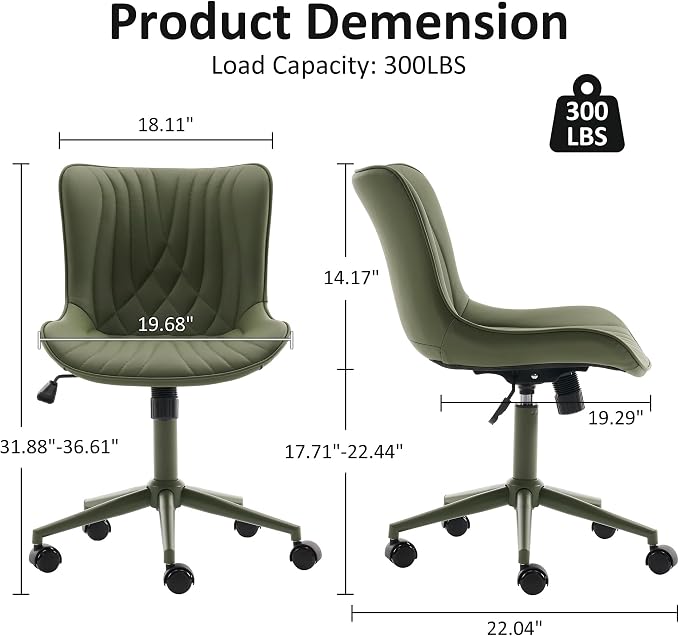 YOUTASTE Green Armless Office Chair, Modern Adjustable Swivel Desk Chair with Wheels, Upholstered PU Leather, Green Metal Legs, Back Support for Home Office, Study, Vanity, Bedroom