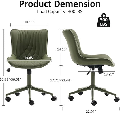 YOUTASTE Green Armless Office Chair, Modern Adjustable Swivel Desk Chair with Wheels, Upholstered PU Leather, Green Metal Legs, Back Support for Home Office, Study, Vanity, Bedroom