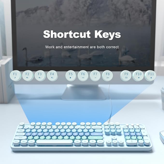 MOWUX Computer Keyboard Wired, Plug and Play USB Retro Round Typewriter Keyboard, Full Size Wired Keyboard with Foldable Stands for Laptop and Office PC-Blue with Large Print