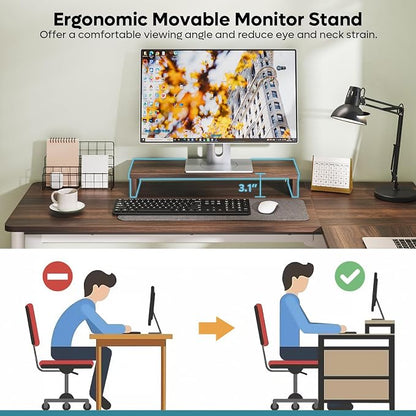 Bestier L Shaped Desk with File Drawer, 55.7" x 55" Office Computer Desk with Round Corners, Modern Desk with Monitor Stand & Fluted Panels for Home Office, White & Walnut