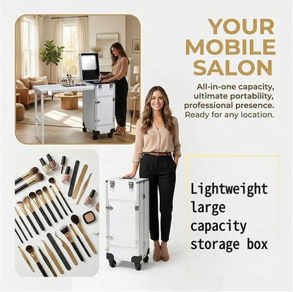 Portable Manicure Table with Storage – Travel Nail Desk | 360° Swivel Wheels Rolling Case, Professional Mobile Salon Station, Cosmetic Makeup Organizer Cart for Tech On the Go