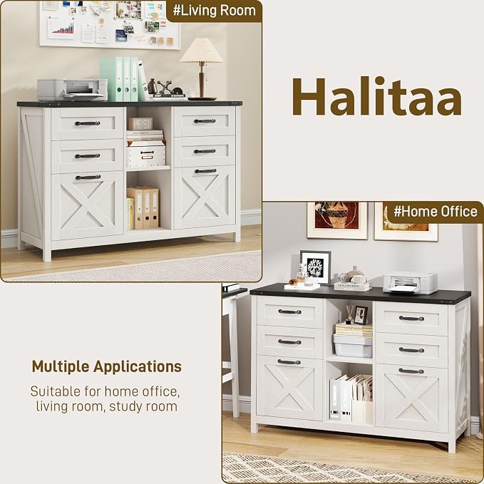 Lateral File Cabinet with 6 Drawers, Farmhouse Filing Cabinet for Letter/A4 Size, Wood File Storage Cabinets Printer Stand with Open Storage Adjustable Shelf for Home Office Cabinets, White and Black