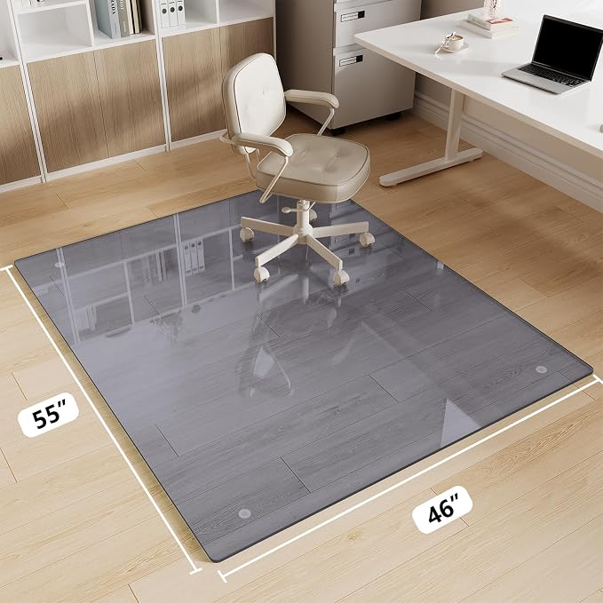 Glass Chair Mat 46" x 55" Heavy Duty Tempered Glass Office Chair Mat, Glass Floor Mat with Round Corner and Polished Edge for Smooth Glide, Office Chair Mat for Carpet, Hardwood Floor, Grey