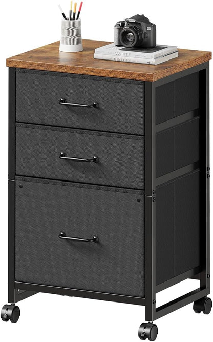 Maihail 3 Drawer Mobile File Cabinet with Wheels Fabric Vertical Filing Cabinet fits A4 or Letter Size for Home Office,Rustic Brown