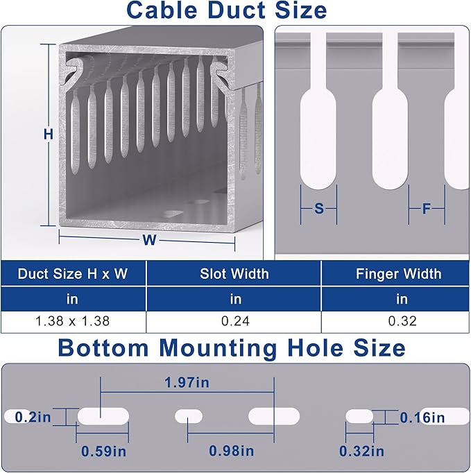 ZhiYo H1.4in W1.4in Professional Server Rack Cable Management Raceway, 132in (8 x L16.5in) Cable Raceway Kit, Electrically Safe PVC Open Slot Wire Raceway for Under Desk/Computer/Network Cords, Grey