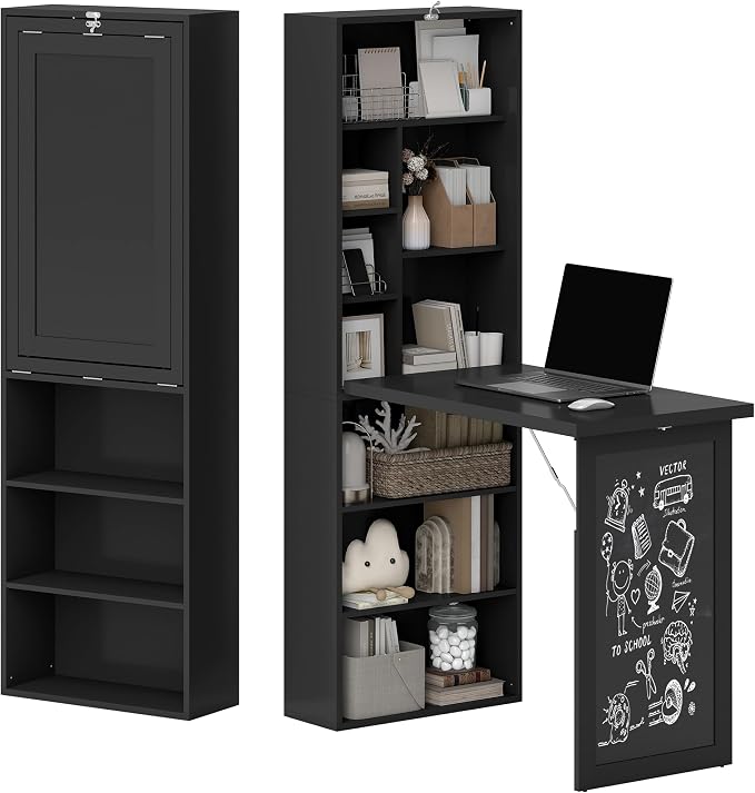 Folding Wall Mounted Desk with Storage, Expandable Hidden Computer Desk, Foldable Space-Saving Pull Out Murphy Table, Writing Table with Blackboard for Home Office Bedroom Small Spaces (Black)