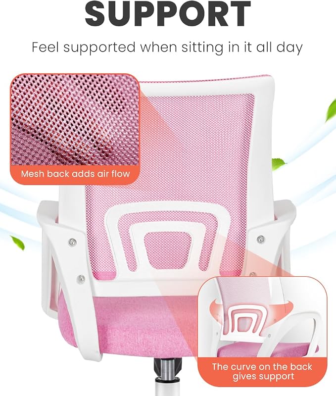 NEO CHAIR Office Desk Computer Chair Ergonomic Mesh Gaming Cushion Seat with Comfy Lumbar Mid Back Support Adjustable Height Swivel Rolling Wheels for Home Task (Pink)