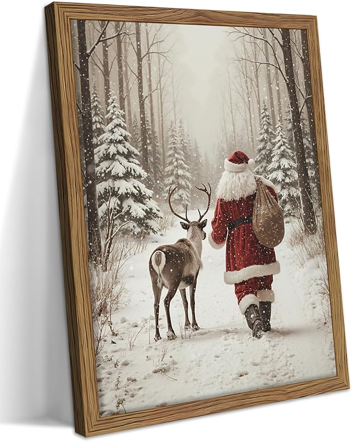 Framed Christmas Pictures Wall Decor, Santa Reindeer Winter Wall Art, Rustic Canvas Christmas Print, Winter Holidays Decor, Vintage Christmas Decorations Painting for Bedroom Living Room – 12x16in