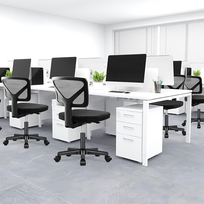 DUMOS Armless Desk Chairs Set of 2, Ergonomic Adjustable Home Office Swivel Rolling Task Chair No Arms, Comfy Mesh Mid Back Computer Work Vanity Desk Chiars with Wheels for Small Spaces, Black