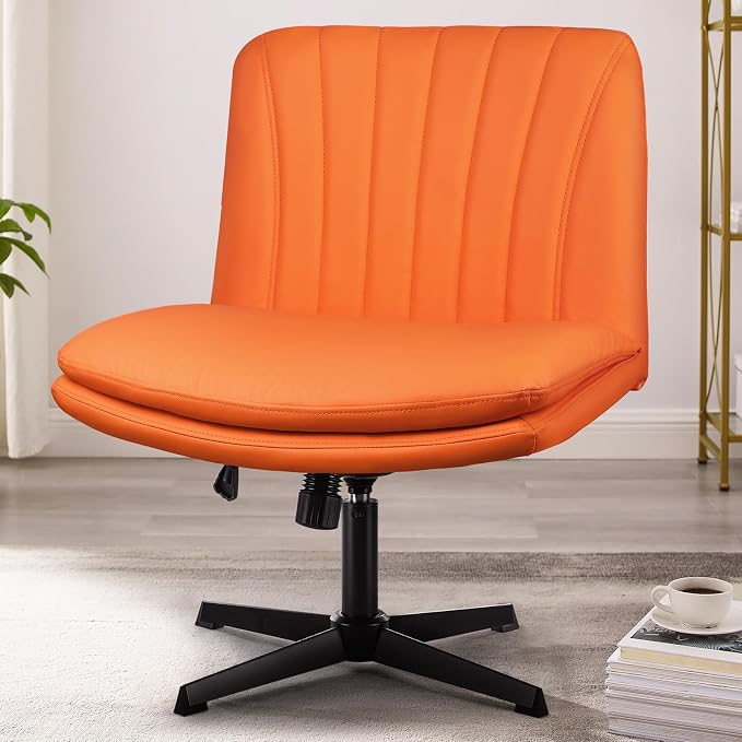 PUKAMI Criss Cross Chair,Comfy Cross Legged Office Desk Chair No Wheels,Modern Fabric Swivel Adjustable Height Mid Back Wide Seat for Home Office Computer (Pu Hermes Orange)