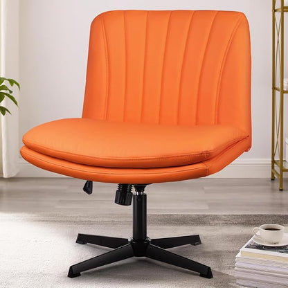 PUKAMI Criss Cross Chair,Comfy Cross Legged Office Desk Chair No Wheels,Modern Fabric Swivel Adjustable Height Mid Back Wide Seat for Home Office Computer (Pu Hermes Orange)
