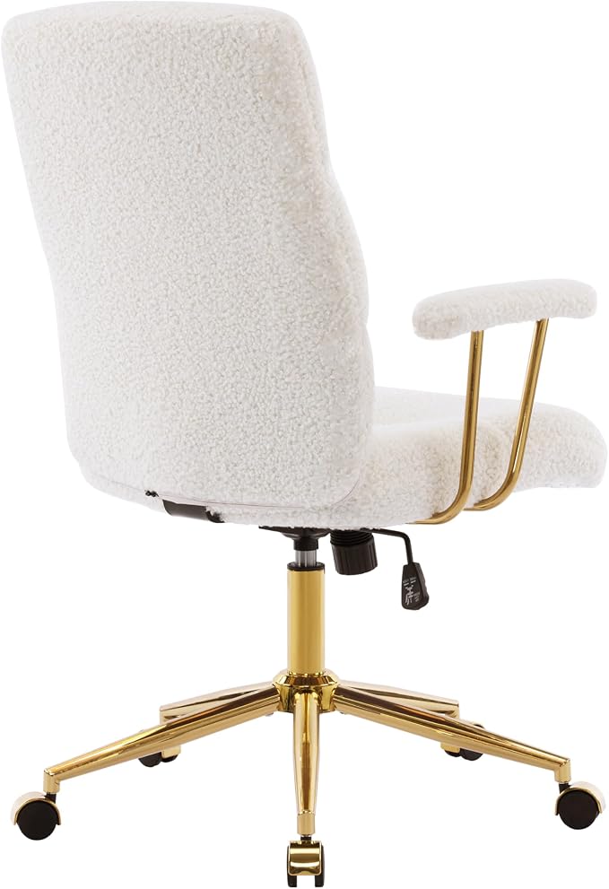 Elegant White and Gold Fuzzy Office Chair with Textured Boucle Fabric, Modern Desk Chair with Padded Seat, Height Adjustable with Durable Gold Base