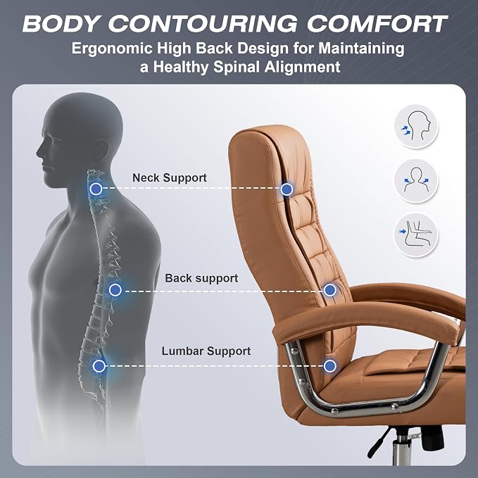 Executive Office Chair Adjustable Leather Chair High Back Swivel Office Desk Chair with Padded Armrest 350lbs Load-Bearing Spring Seat Computer Desk Chair for Home Office, Khaki