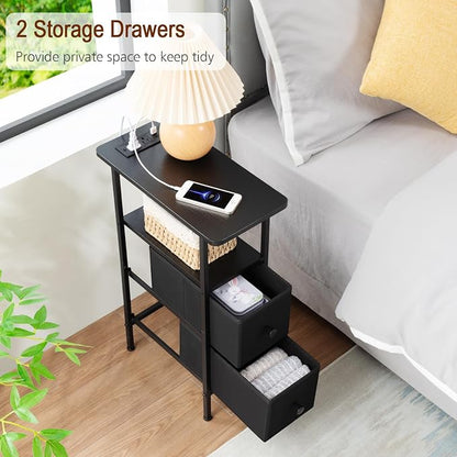 LOAKEKEL Narrow Nightstand with Charging Station, End Tables Living Room Set of 2, Skinny Side Table with Fabric Drawers, Slim Sofa Table for Bedroom, Small Spaces, Couch, Black, HETNDP02BK