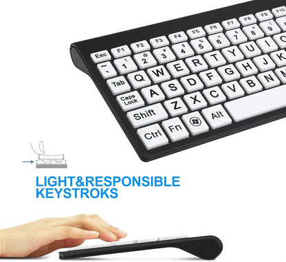 Full Size Large Print 2.4g Wireless Keyboard and Mouse with Oversized Print for Visually Impaired Low Vision Individuals (Black)