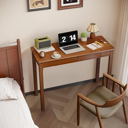 Wood Desk with Drawers - Solid Wood Mid Century Modern Desks for Bedroom, Small Computer Desk for PC, Laptop, Study, Makeup, 39.4 W x 29.5 H x 15.75 D in, Walnut Color
