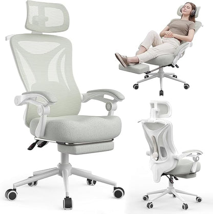 Ergonomic Office Chair - Adjustable Lumbar & Headrest, 90-160° Reclining with Footrest, Breathable Mesh Back - Home Office/Gaming Computer Chair (Modern, Light Grey)