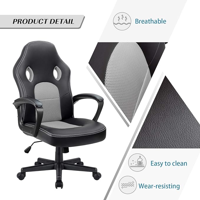 Furmax Office Chair Desk Chair Leather Gaming Chair Computer Chair Racing Style Ergonomic Adjustable Swivel Task Chair with Lumbar Support and Arms (Grey)