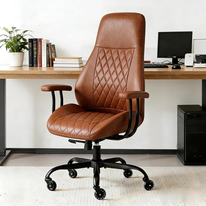 E-Ser Leather Desk Chair, Mid Century Modern Office Chair, Brown | Lumbar Support, Ergonomic, 360° Swivel, Rubber Rolling Wheels, Adjustable Height, for Adults