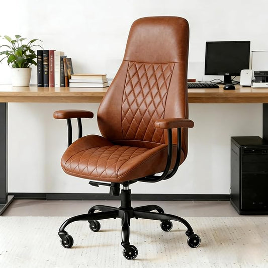 E-Ser Leather Desk Chair, Mid Century Modern Office Chair, Brown | Lumbar Support, Ergonomic, 360° Swivel, Rubber Rolling Wheels, Adjustable Height, for Adults