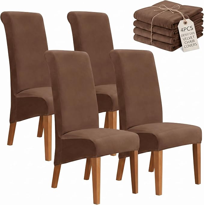 Deisy Dee Stretch XL/Oversized Extra Large Velvet Dining Room Chair Covers for Kitchen Dining，Removable Washable Chair Protectors Slipcovers (Brown, 4)