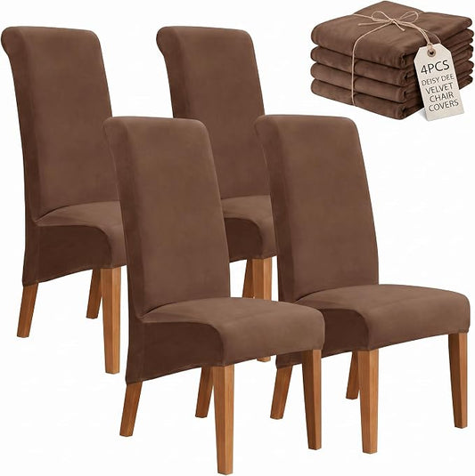 Deisy Dee Stretch XL/Oversized Extra Large Velvet Dining Room Chair Covers for Kitchen Dining，Removable Washable Chair Protectors Slipcovers (Brown, 4)