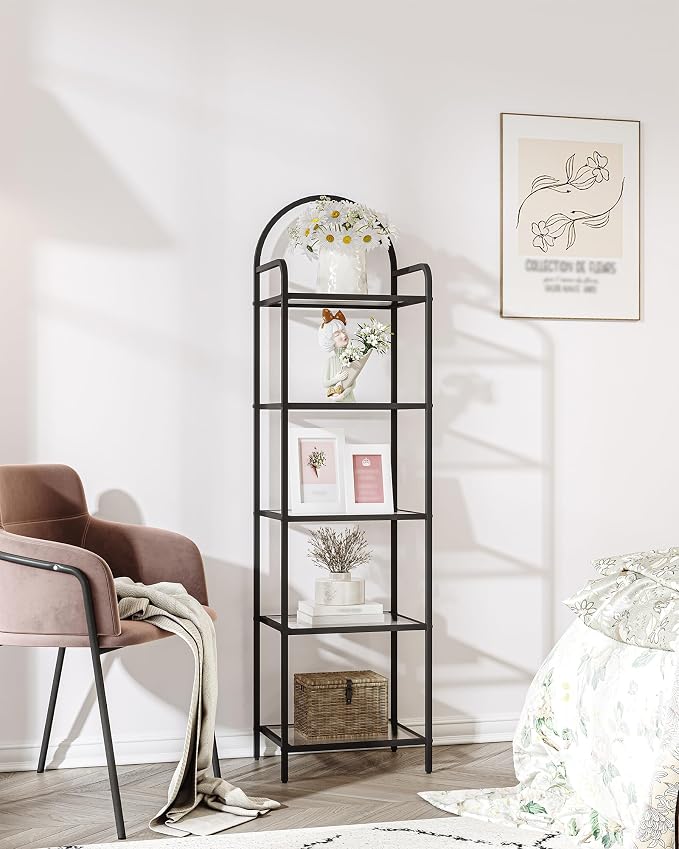 Hzuaneri Bookcase Bookshelf, Tempered Glass Bookshelves, Slim Shelving Unit for Bedroom, Bathroom, Home Office, Steel Frame, 5 Tier Black BC05001B