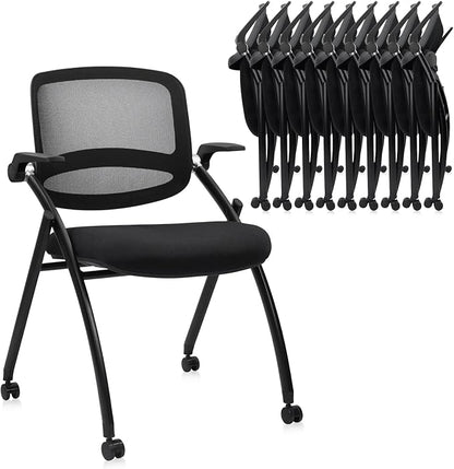 CLATINA Stackable & Foldable Conference Chair with Wheels, Ergonomic Mesh Back, 300lbs Capacity, Breathable Padded Seat, Adjustable Armrests, Office Chair for Reception, Training, Home, Black, 10PK
