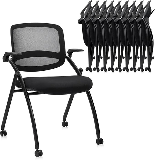CLATINA Stackable & Foldable Conference Chair with Wheels, Ergonomic Mesh Back, 300lbs Capacity, Breathable Padded Seat, Adjustable Armrests, Office Chair for Reception, Training, Home, Black, 10PK