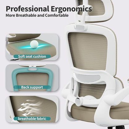 TRALT Office Chair Ergonomic Desk Chair, 330 LBS Home Mesh Office Desk Chairs with Wheels, Comfortable Gaming Chairs (Khaki)