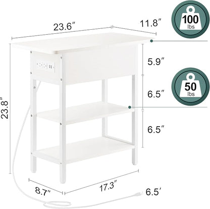 Yoobure End Table with Charging Station, Flip Top Side Table with USB Ports and Outlets, Sofa Couch Table Bedside Table for Living Room Bedroom, Narrow Nightstand with Storage Shelves for Small Spaces