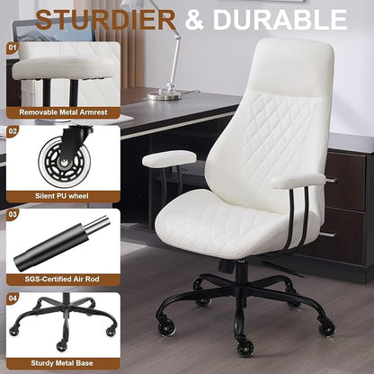 Office Chair with Rubber Wheels, Ergonomic Computer Chair 500 lbs, Leather Desk Chair with Lumbar Support, Executive Chair Adjustable Height & Recline, White | Ergonomic, Lumbar Support, 360° Swivel & Rolling Wheels, Adjustable Height, for Adults & Women