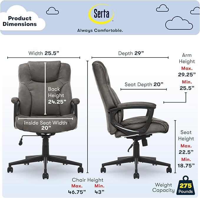 Serta Connor Executive Office Chair, Ergonomic Computer Chair with Layered Body Pillows, Contoured Lumbar, Adjustable Seat Height, Bonded Leather, Gray
