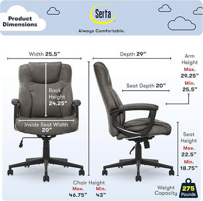 Serta Connor Executive Office Chair, Ergonomic Computer Chair with Layered Body Pillows, Contoured Lumbar, Adjustable Seat Height, Bonded Leather, Gray