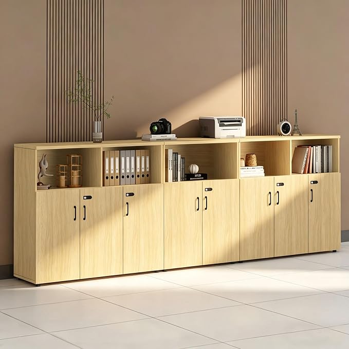 File Cabinet with Password Lock, Wood Lateral Filing Cabinet for Letter/A4 Files, 3 Drawer with Door, Printer Stand with Open Shelves for Home Office