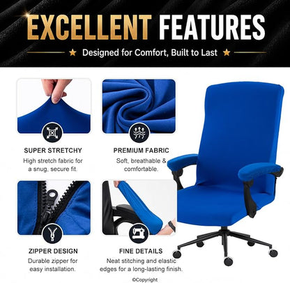 Stretch Computer Office Chair Cover with Armrest Covers Durable Zipper Universal Washable Removable Spandex Rotating Boss Chair Slipcovers Anti-dust Soft Desk Chair Seat Protector, Royal Blue
