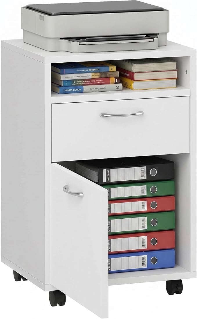 HOMCOM Mobile Storage Cabinet Organizer with Drawer and Cabinet, Printer Stand with Castors, White