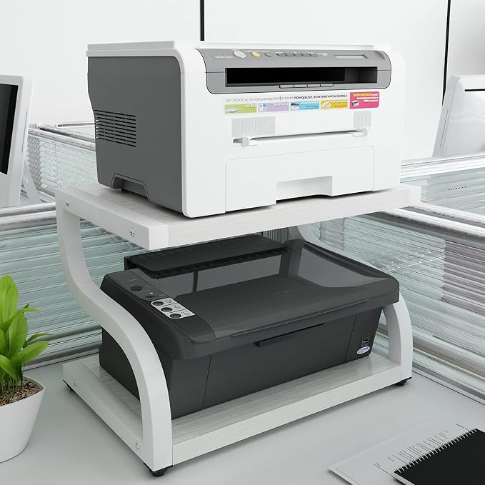 PUNCIA 2 Tier Wood Printer Stand with Storage Heavy Duty Desktop Shelf | White Modern Minimalist Style Fits Laser Printers Copiers Fax Machines, Organizer for Home Office Dorm Small Spaces