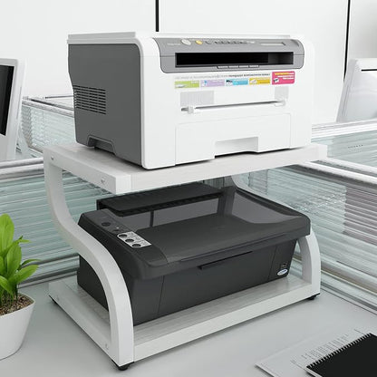 PUNCIA 2 Tier Wood Printer Stand with Storage Heavy Duty Desktop Shelf | White Modern Minimalist Style Fits Laser Printers Copiers Fax Machines, Organizer for Home Office Dorm Small Spaces