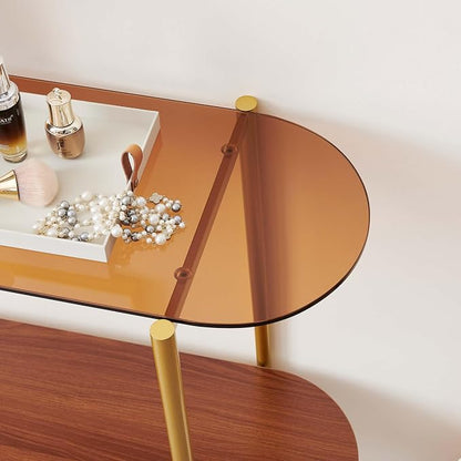LumFurn Oval Glass Console Table for Living Room, Foyer & Entrance, 2-Tiers Mid-Century Modern Sofa Table with Amber Glass Top, Walnut Finish Wood Top and Gold Finish Metal Frame